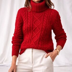 Banana Republic Red Cable-Knit Fisherman Thick Warm  Turtleneck Sweater [size L]
